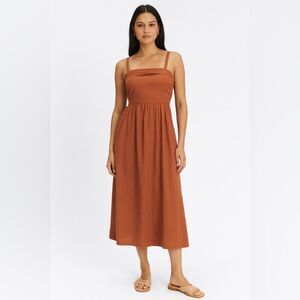 Terracotta Linen Midi Sundress Smocked Back Pockets Adjustable Straps Sz 2 Joie